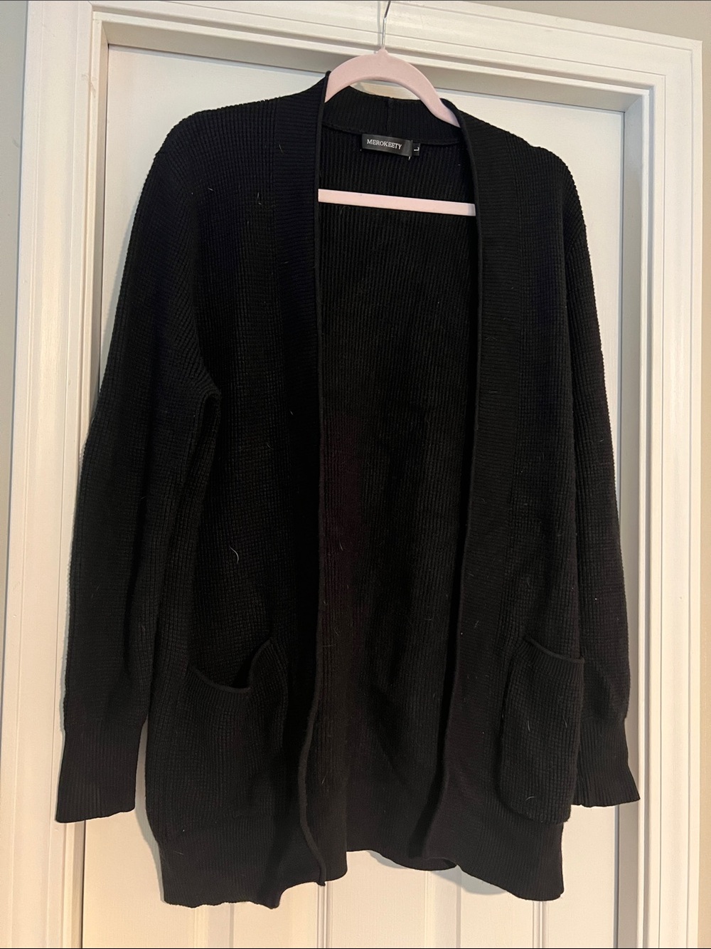 MEROKEETY Black Open-Front Pocket Cardigan